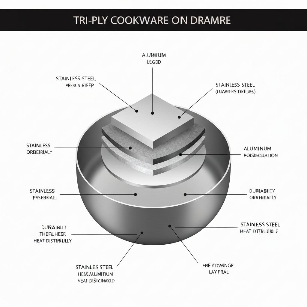 Tri-ply construction diagram showing three layers of Martha Stewart Cookware